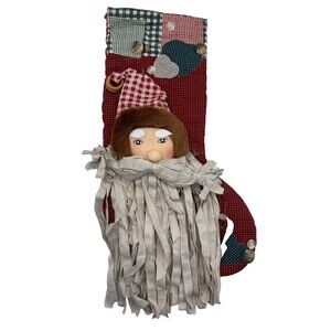 3D Patchwork Buttons Primitive Santa Christmas Stocking Folk Art Holiday 16-18”